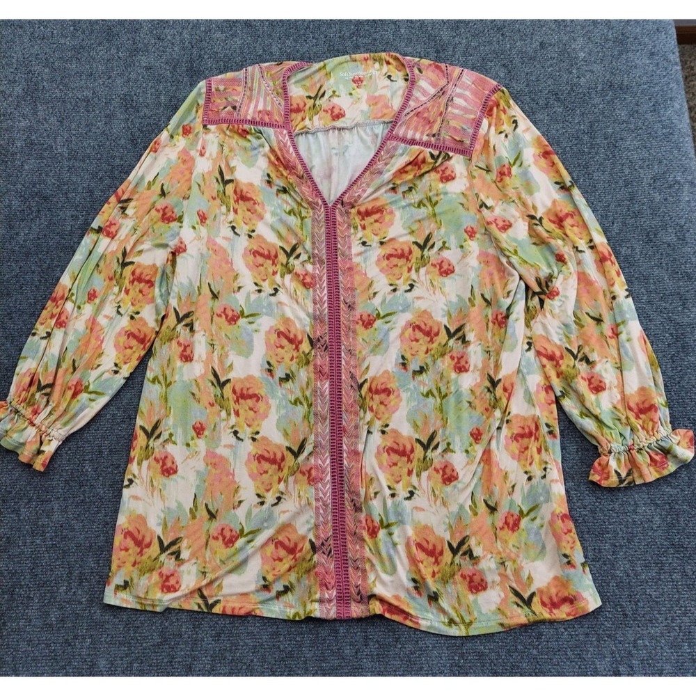 Soft Surroundings‎ Tunic Top Womens 1X Floral Boho Peasant Blouse Ruffle Shirt